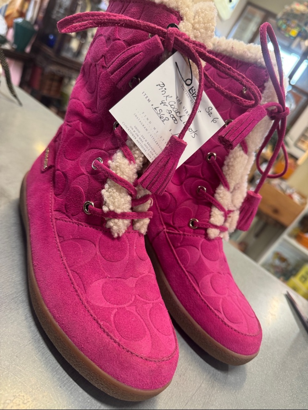Coach Fuchsia Suede Lace-Up Shearling Ankle Boots